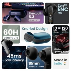 Boult Audio Z20 Pro Truly Wireless Bluetooth Ear Buds with 60 Hours Playtime, 4 Mics Clear Calling, Made in India, 45ms Low Latency, Rich Bass Drivers, IPX5, TWS Earbuds Bluetooth Wireless (Black)