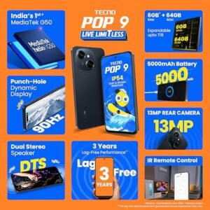 TECNO POP 9 (Startrail Black, 3GB+64GB) |India’s 1st Mediatek G50 | IP54 Rated | IR Remote | Dual Speaker with DTS | 36 Month Lag Free Fluency | 15W Fast Charging Support | 5000 mAh Battery