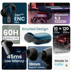 Boult Audio Z20 Pro Truly Wireless Bluetooth Ear buds with 60 Hours Playtime, 4 Mics Clear Calling, Made in India, 45ms Low Latency, Rich Bass Drivers, IPX5, TWS earbuds bluetooth wireless (Jet Black)