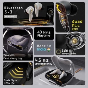 Boult Audio UFO Truly Wireless in Ear Earbuds with 48H Playtime, Built-in App Support, 45ms Low Latency Gaming, 4 Mics ENC, Breathing LEDs, 13mm Bass Drivers Ear Buds TWS, Made in India (Black Gloss)