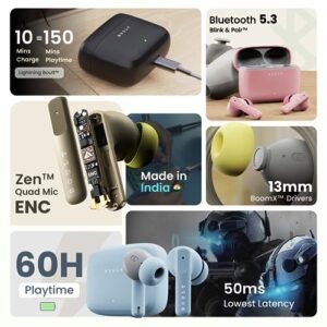 Boult Z60 Truly Wireless in Ear Earbuds with 60H Playtime, Zen™ ENC Mic, 50ms Low Latency, 13mm Bass Drivers, Type-C Fast Charging, Made in India, BT V5.3, Touch Control, IPX5 Ear Buds (Powder Blue)